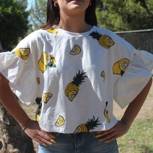 Lemon print and pineapple ruffle-sleeve top